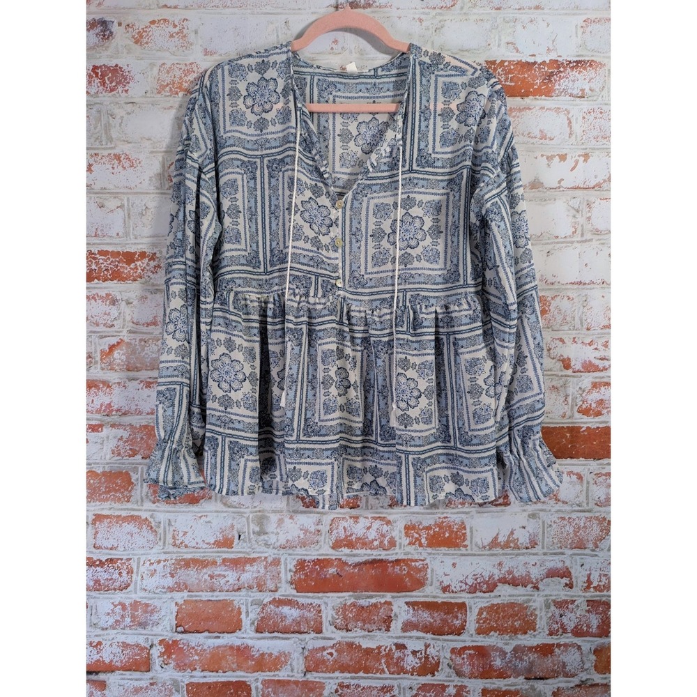 Blu Pepper Babydoll Blouse Womens Small Blue Tile Floral Print Boho Top